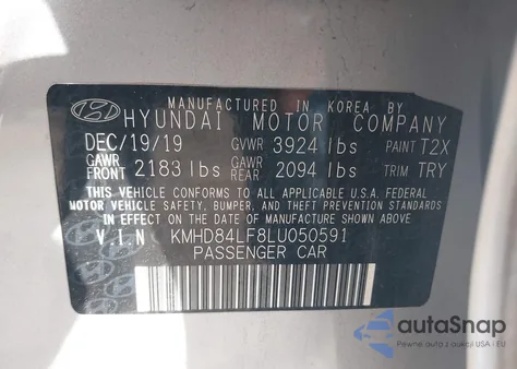 2020 Hyundai Elantra Sel z USA, uszkodzony, nr VIN KMHD84LF8LU050591